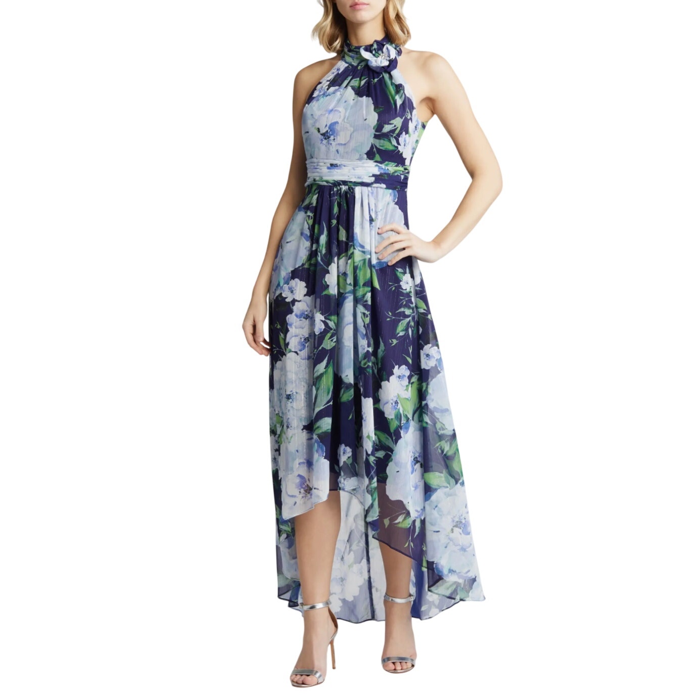 Eliza J Blue Maxi Dress Sparkly Floral Chiffon High Low Sleeveless Halter Size 8
